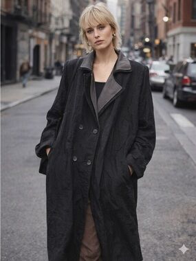 Silkworms Vintage Black Silk-Textured Duster Coat Oversized 90s Trench